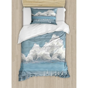 Blue Nautical Duvet Cover Set, Sailboats in the Sea Landscape Scene Clouds Geometric Style Digital Art, Decorative 2 Piece Bedding Set with 1 Pillow Shams, Twin Size, White Blue, by Ambesonne
