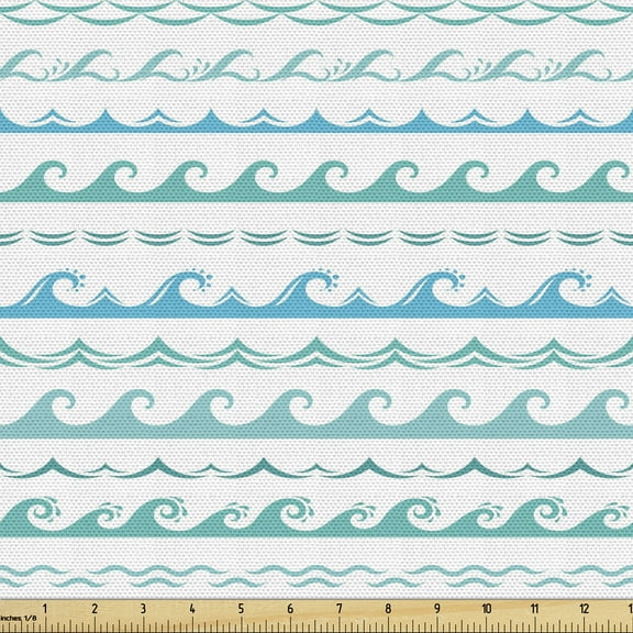 Ambesonne Blue Nautical Fabric by the Yard Upholstery, Sea Waves and Curves, 3 Yards, Dark Seafoam Blue