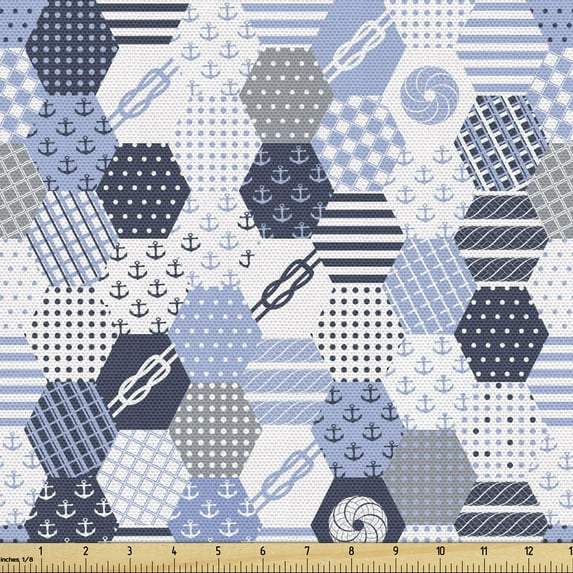 Ambesonne Blue Nautical Fabric by the Yard Upholstery, Hexagon Shapes Pastel, 3 Yards, White Dark Slate Blue