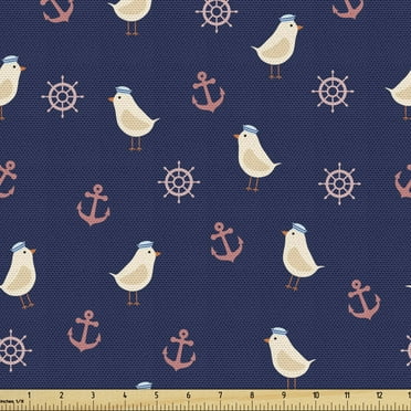 Blue Nautical Fabric by the Yard Upholstery, Ocean Elements Birds in Marine Hats Steering Wheel Anchor, Decorative Fabric for DIY and Home Accents, 2 Yards, Night Blue Multicolor by Ambesonne