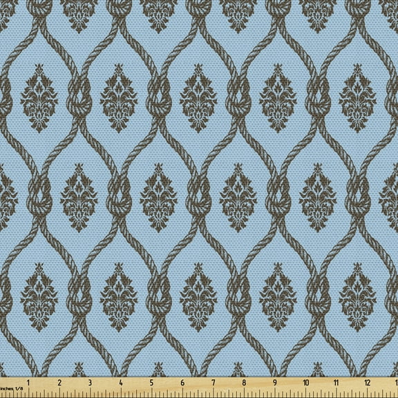 Ambesonne Blue Nautical Fabric by the Yard Upholstery, Vintage Damask Like, 1 Yard, Dark Taupe Blue