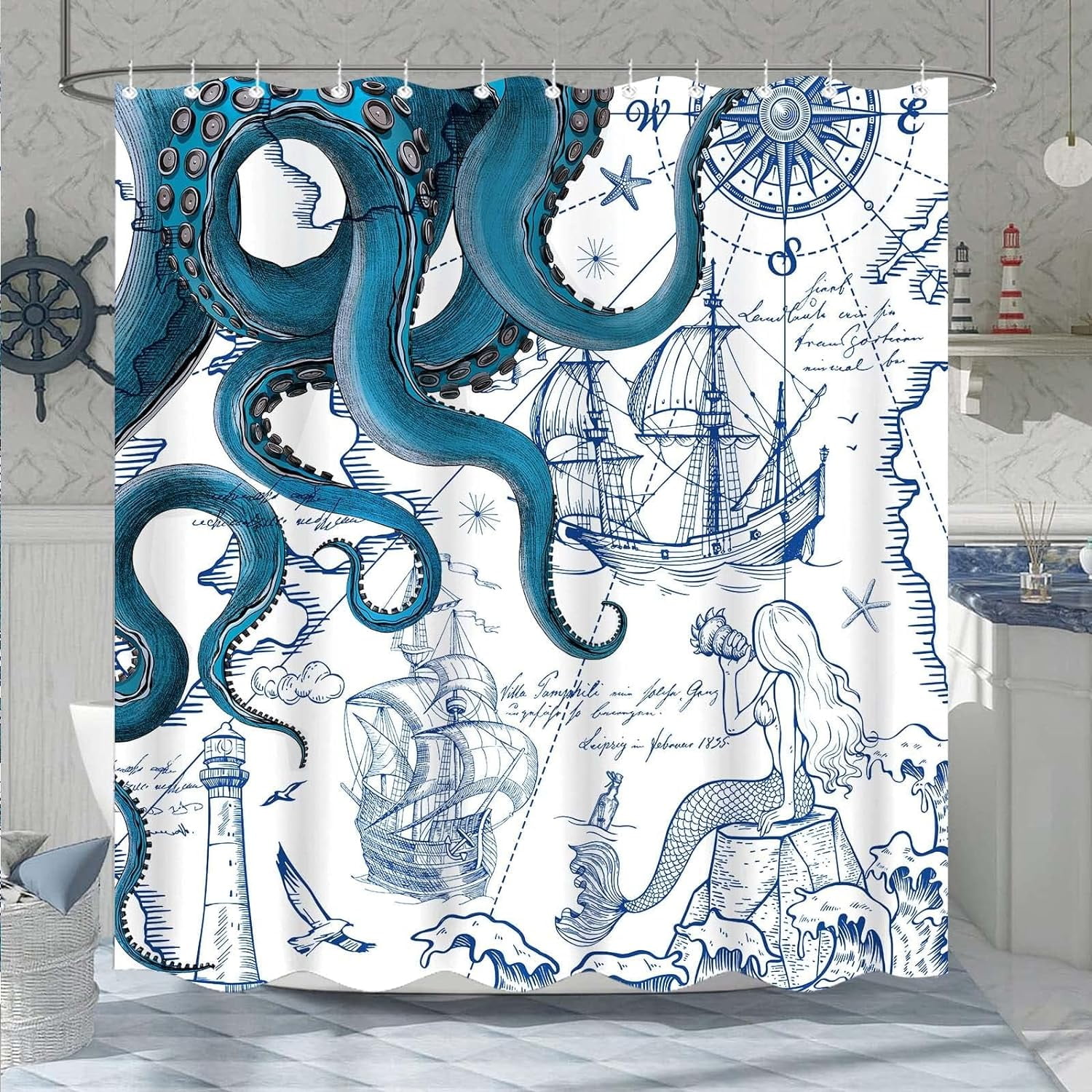 Blue Nautical Octopus Shower Curtain Navy Mermaid Funny Ocean Kraken