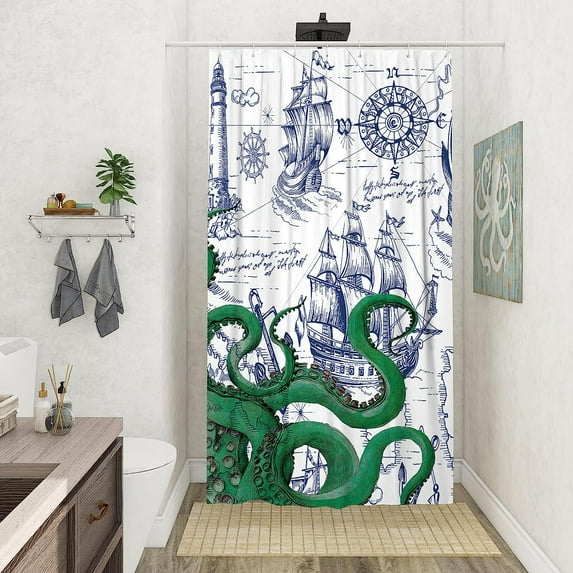 Blue Nautical Octopus Shower Curtain Set Funny Ocean Kraken Shower Curtains for Bathroom Cool Octopus Decor Polyester Fabric-72" x 72"