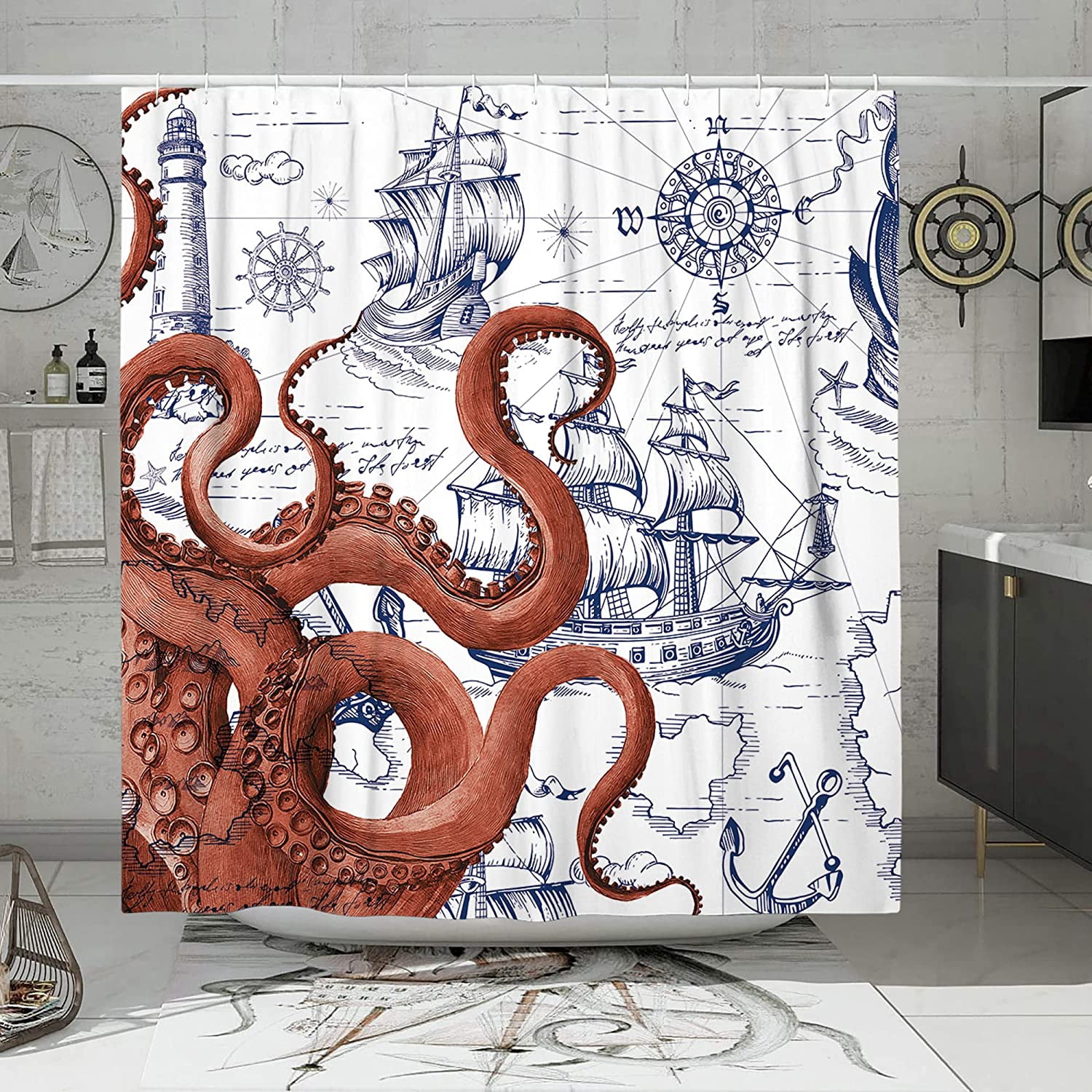 Blue Nautical Octopus Shower Curtain Set Funny Ocean Kraken Shower