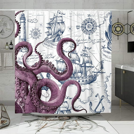 Blue Nautical Octopus Shower Curtain Set Funny Ocean Kraken Shower Curtains for Bathroom Cool Octopus Decor Polyester Fabric-72" x 72"