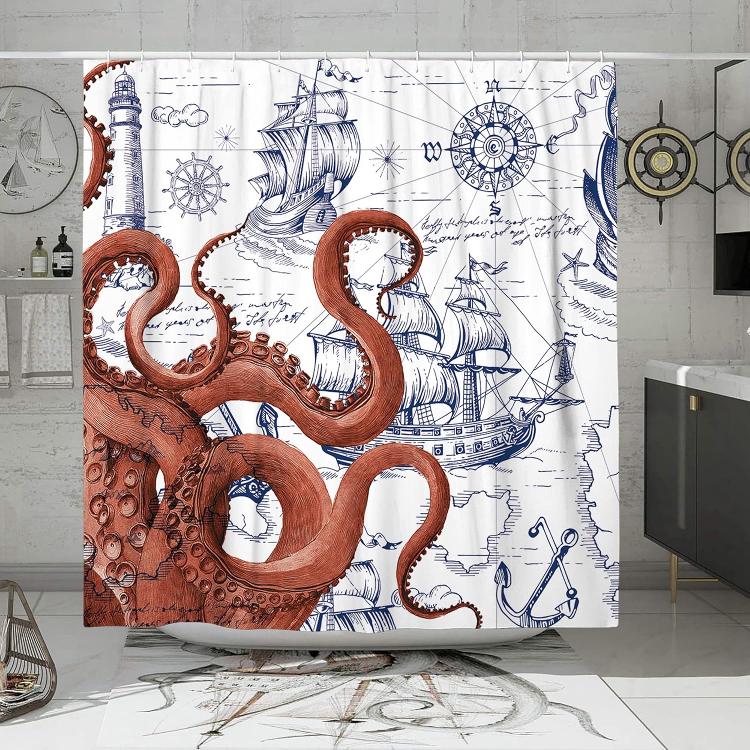 Blue Nautical Octopus Shower Curtain Set Funny Ocean Shower Curtains