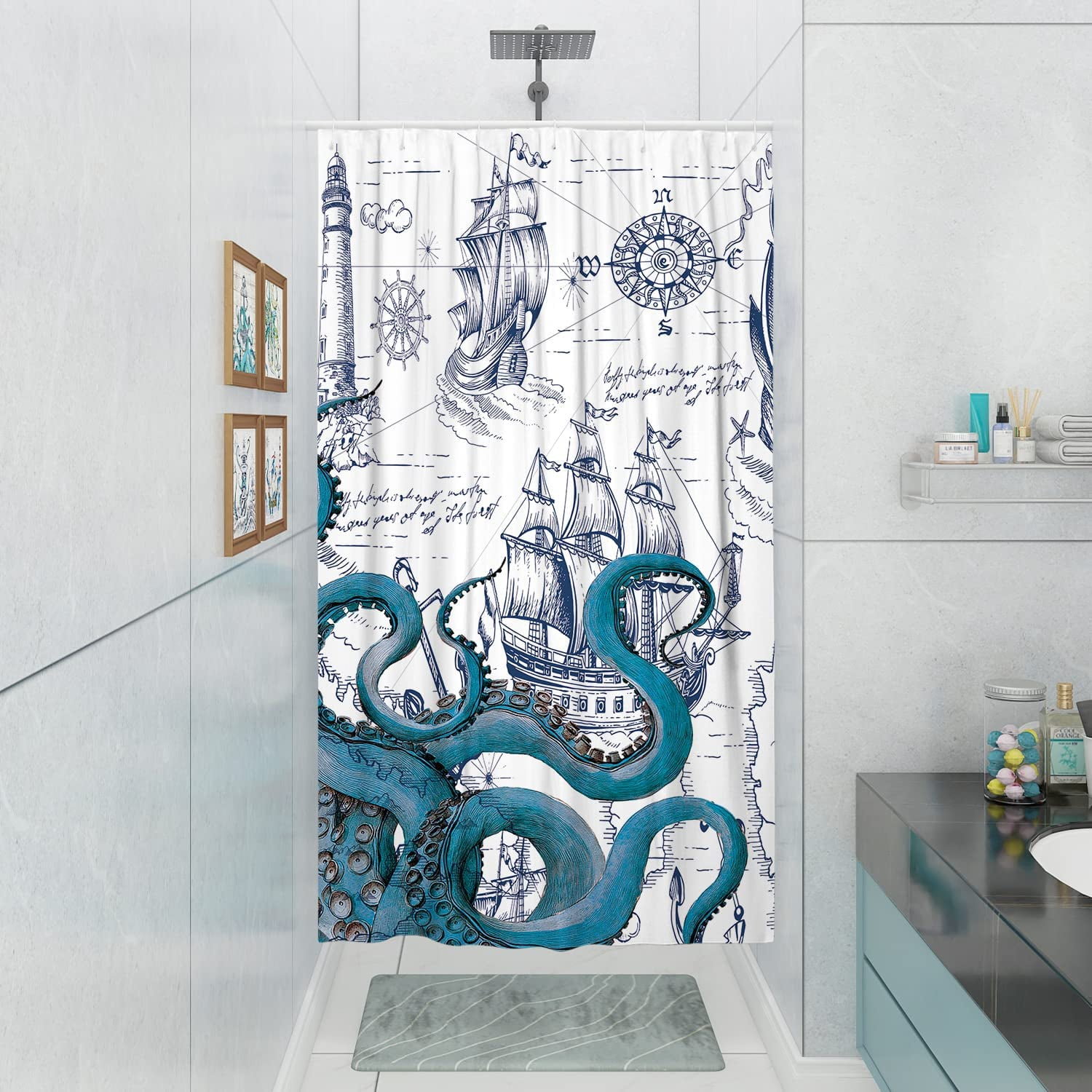 Blue Nautical Octopus Shower Curtains for Bathroom Cool Ocean Kraken