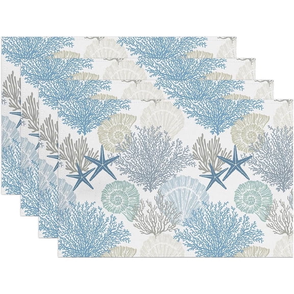 Blue Nautical Placemats Set of 4 Summer Starfish Seashell Coral Table Place Mat Non-Slip Heat Resistant Linen Beach Coastal Place Mats for Home Kitchen Dining Table, 12"x18"