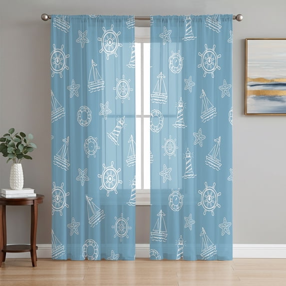 Blue Nautical Sheer Curtains 96 Inch Length 2 Panels Set, Anchor Lighthouse Sailboat Coastal Voile Window Treatment Semi Sheer Long Curtains Drapes for Bedroom/Living Room/Kitchen 52"x96"x2