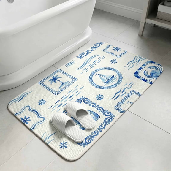 Blue Nautical Ship Bathroom Rugs Non Slip Washable Bath Mat Absorbent Front Door Mat Coastal Conch Crab Palm Trees Waves Indoor Doormat for Kitchen Entryway Shower Decor Accessories 15.7"x23.6"