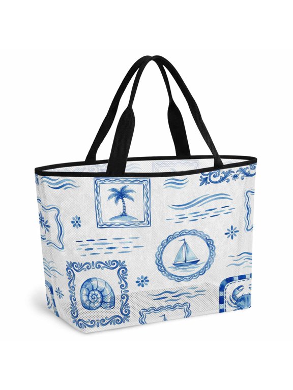 Blue Nautical Ship Beach Bag for Women, Large Breathable Mesh Beach Tote Bag, Coastal Conch Crab Palm Trees Waves Sandproof Lightweight Travel Bags for Vacation Picnic Swimming Pool 15.7"x15.7"x9.1"