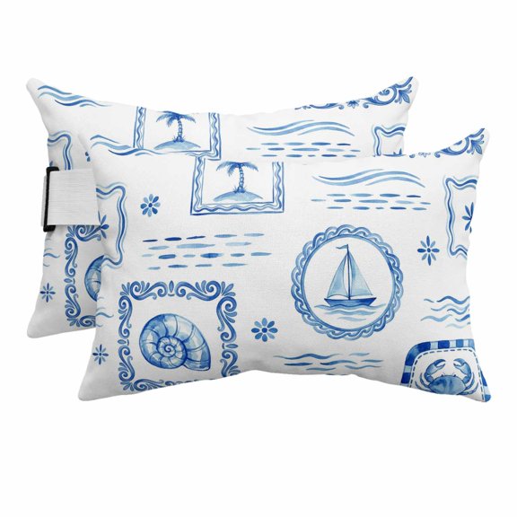 Blue Nautical Ship Outdoor Pillows for Chaise Lounge Chair Beach Headrest Pillow Set of 2 Waterproof Lumbar Pillows with Insert&Strap Coastal Conch Crab Palm Trees Waves Pool Pillow 11"x16"