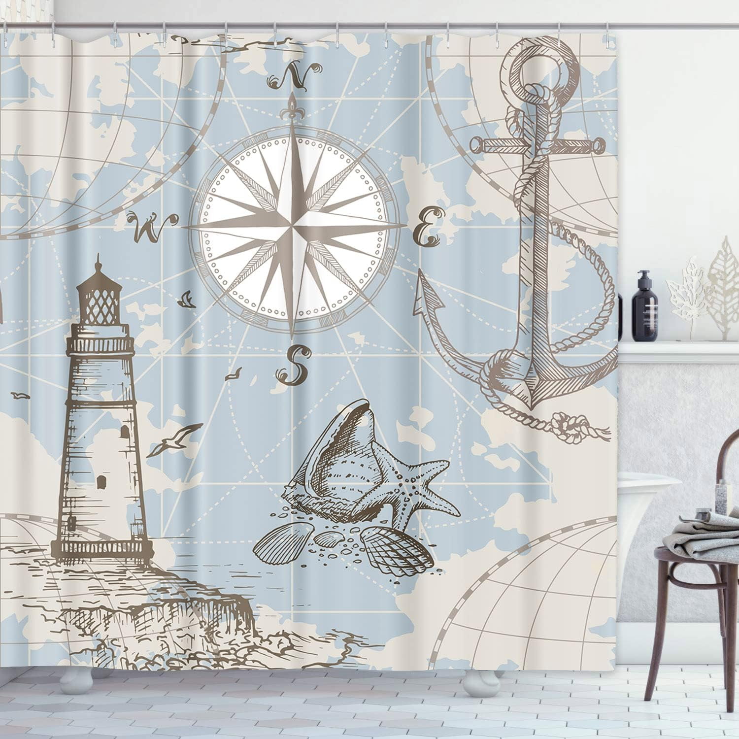 Blue Nautical Shower Curtain Anchor Lighthouse Compass Map Starfish