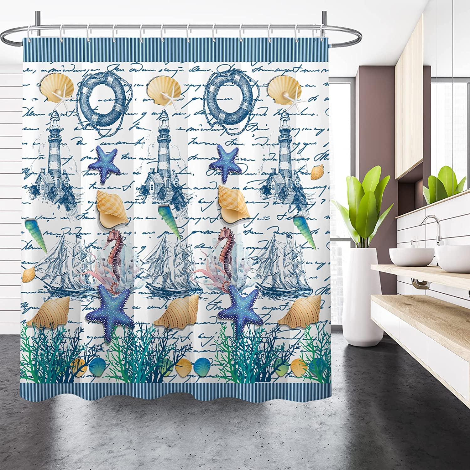Blue Nautical Shower Curtains,Coastal Lighthouse Shower Curtain Set for Bathroom Waterproof Fabric Stall Bath Curtain with 12 Hooks Rings Extra Long 72x72in