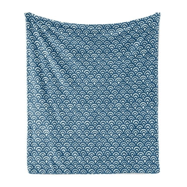 Blue Nautical Soft Flannel Fleece Blanket, Continuing Print of Concentric Half Circles Japanese Style Inspired, Cozy Plush for Indoor and Outdoor Use, 50" x 70", Dark Sky Blue Ivory, by Ambesonne