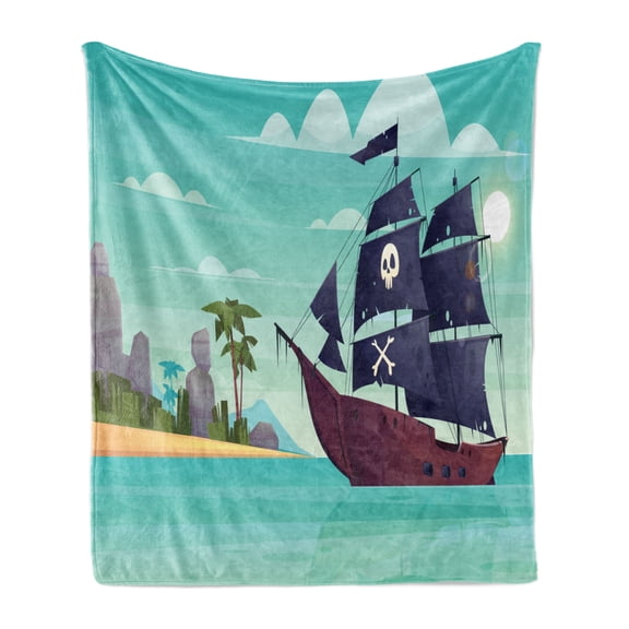 Blue Nautical Soft Flannel Fleece Throw Blanket, Graphic Image of a Pirate Ship on Water near an Island Skull and Bones, Cozy Plush for Indoor and Outdoor Use, 70" x 90", Multicolor, by Ambesonne