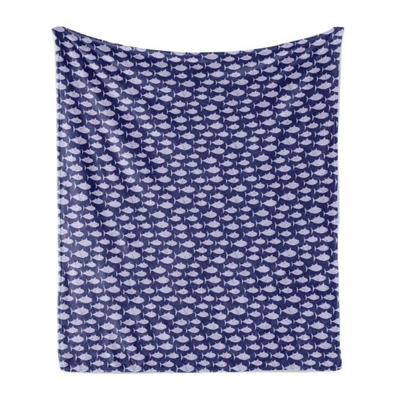 Blue Nautical Soft Flannel Fleece Throw Blanket, Monochrome Style Illustration of Fish Floating Horizontally, Cozy Plush for Indoor and Outdoor Use, 60" x 80", Indigo and Pastel Purple, by Ambesonne