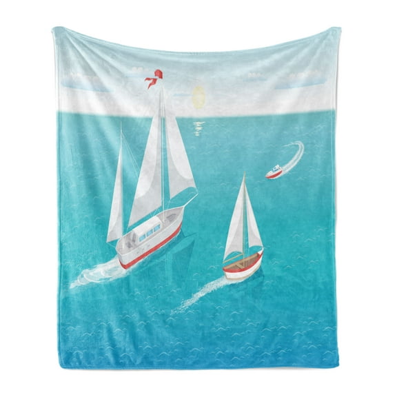 Blue Nautical Soft Flannel Fleece Throw Blanket, Top View of Sailing Boats with the Sun Beaming in the Horizon, Cozy Plush for Indoor and Outdoor Use, 70" x 90", Sea Blue and Multicolor, by Ambesonne