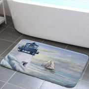 Blue Nautical Theme Non Slip Bath Rugs Mats, Lighthouse Ocean Theme Sailboat Bathroom Shower Rugs Mats, Flannel Coastal Carpet Bathroom Room Decor 19X31 in