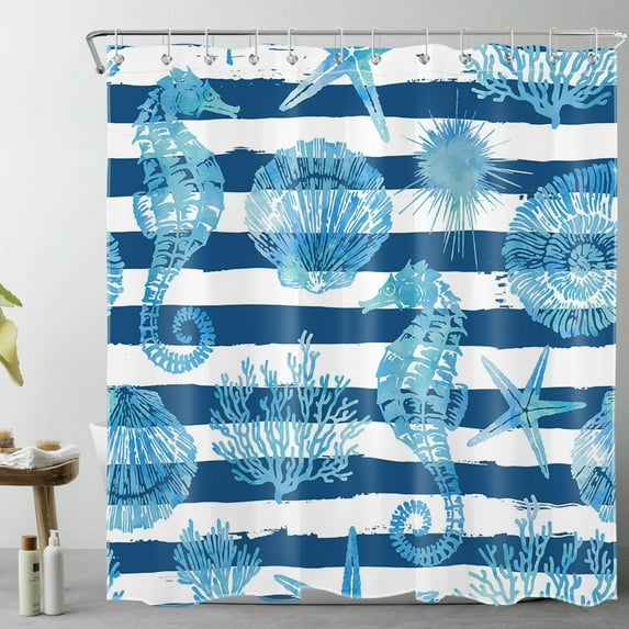 Blue Nautical Theme Shower Curtain for Bathroom,Funny Sea Life Seahorse Starfish and Coral Fabric Shower Curtain with Hooks,Blue and White Striped Bathroom Curtains Shower Set, 69x70 inches