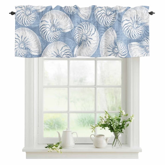 Blue Nautilus Shell Valances for Windows, Rod Pocket Kitchen Valance Curtains - Soft & Washable Small Window Treatment for Living Room, Bathroom, Ocean Conch Marine Life 42x12inch, 1 Panel