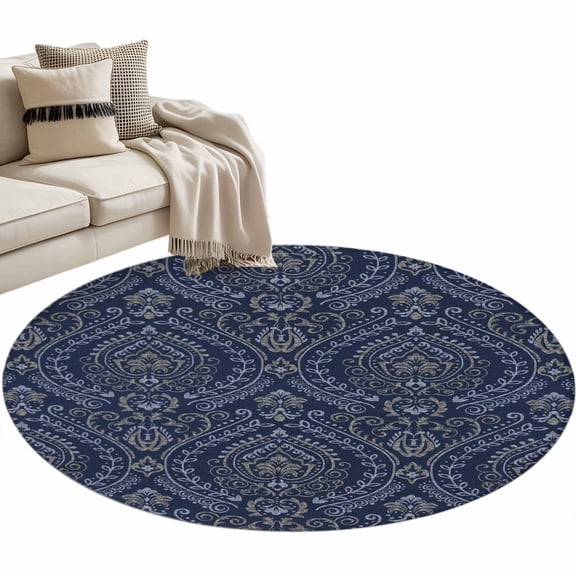 Blue Navy Baroque Area Rug, Washable Large Circle Carpet, Non Slip Round Rug for Living Room/Bedroom/Dining Room/Home Office/Dorm