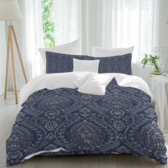 Blue Navy Baroque Queen Size Comforter Set, Bedding for All Seasons, 4 Pcs Bed Set, 1Quiltcover (90"x92") ,1Sheet(94"x116"), 2Pillowcases (30"x20")
