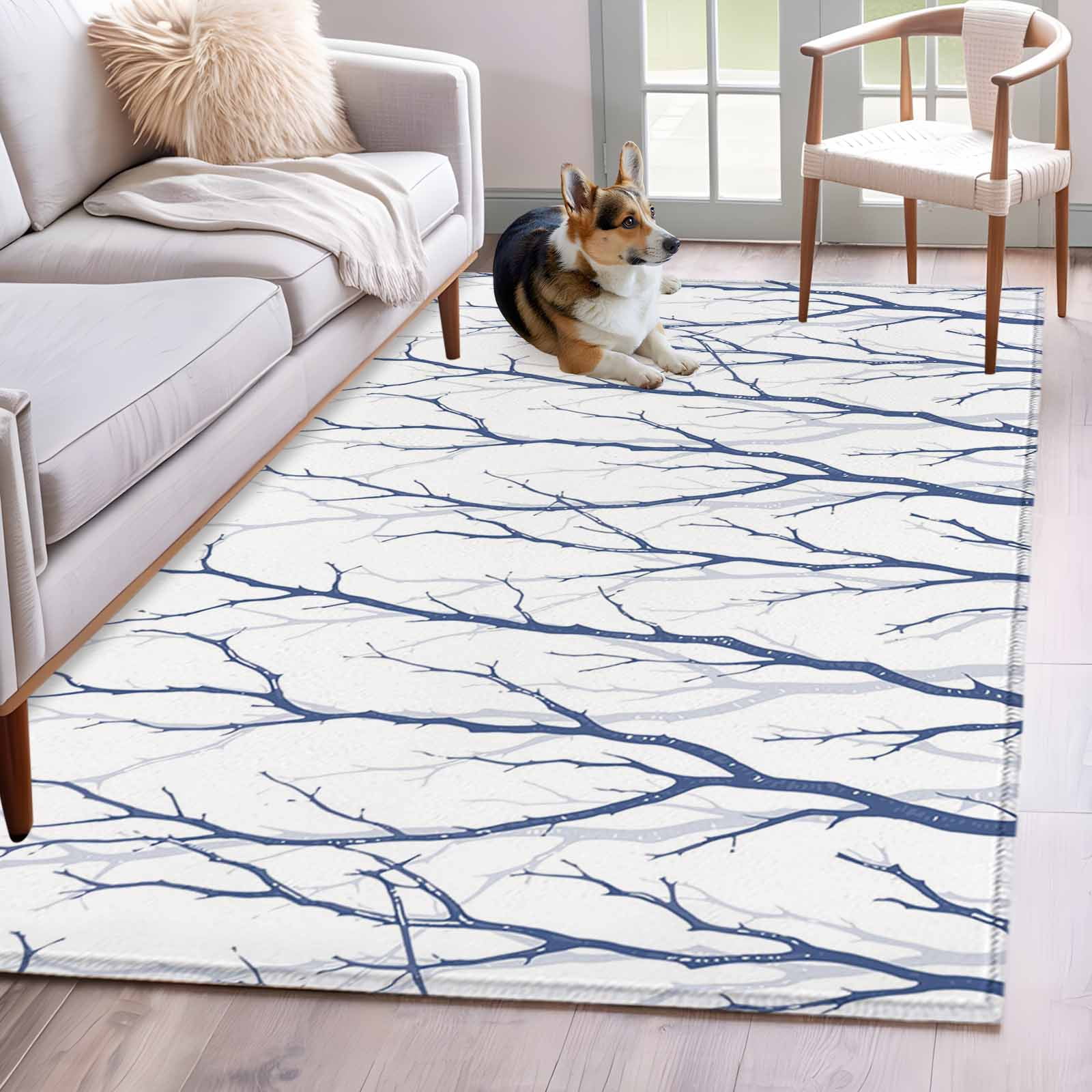 Blue Navy Branches Area Rugs 4x6 ft Abstracts Plant Silhouettes Modern ...