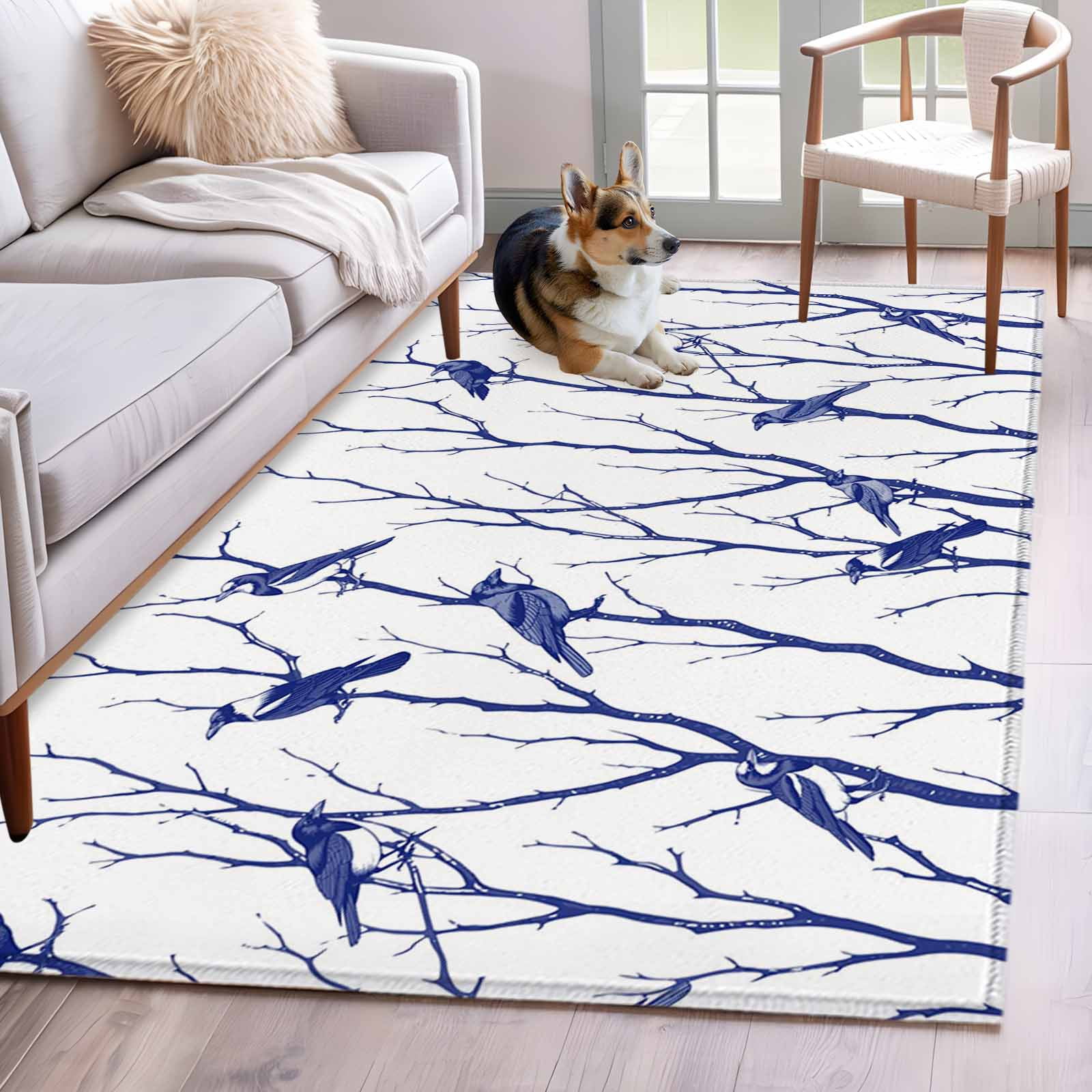 Blue Navy Branches Area Rugs 4x6 ft Birds Abstracts Plant Modern ...