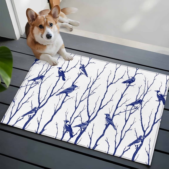 Blue Navy Branches Front Door Rugs 2x3 ft Birds Abstracts Plant Modern Silhouettes Small Rug for Entryway Non Slip Washable Bathroom Door Mat Absorbent Floor Mat for Indoor Entrance