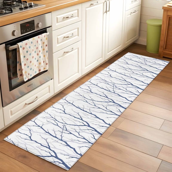 Blue Navy Branches Runner Rugs 2x6 ft Abstracts Plant Silhouettes Modern Washable Hallway Rugs Non-Slip Floor Mats Absorbent Carpet Bedside Runners for Bedroom Kitchen Bathroom Laundry Room