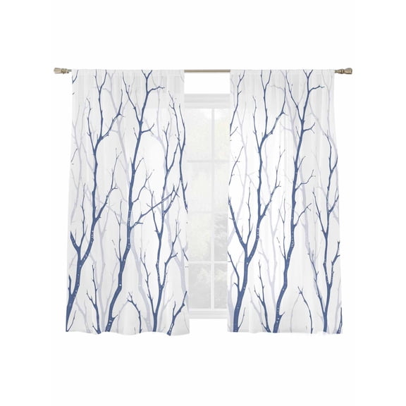 Blue Navy Branches Sheer Curtains 2 Panels Set Abstracts Plant Silhouettes Modern Sheer Window Curtains Light Filtering Rod Pocket Voile Drapes for Bedroom Living Room 52"X72"