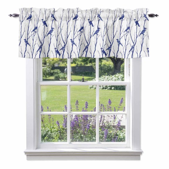 Blue Navy Branches Valance Curtain for Windows Birds Abstracts Plant Modern Silhouettes Rod Pocket Curtain Valances Short Window Treatments Panels for Kitchen Bathroom Laundry Basement 54 x 18 Inch