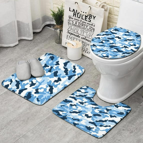 Blue Navy Camo Classic Shapes Pattern Bathroom Rugs Sets 3 Piece,Toilet Cover Set,Absorbent Non Slip Bathroom Mats Sets with U-Shaped Contour Rug Toilet Rug Set