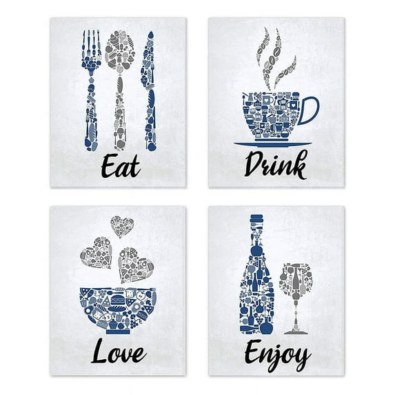 Blue Navy Cobalt Grey White Vintage Inspirational Kitchen Restaurant Cafe Bar Wall Art Eat Drink Love Wine