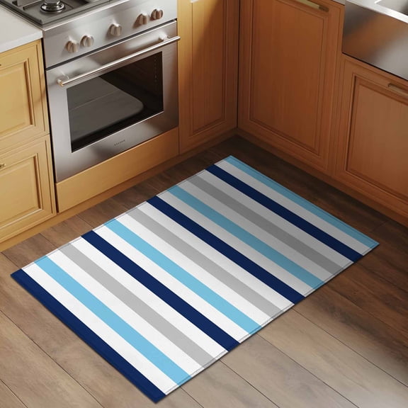 Blue Navy Grey Stripes 2x3 Rug for Entryway Front Door Kitchen Sink Area, Minimalist Abstract Vertical Striped Low Pile Washable Non Slip Rectangle Area Rug