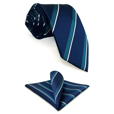 Blue Navy Mens Necktie and Pocket Square Set Striped Tie Set Combo Business for Suit Jacket Medium 57.5"