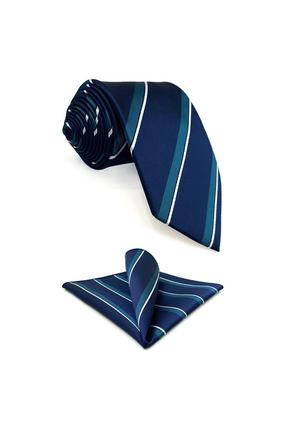 Blue Navy Mens Necktie and Pocket Square Set Striped Tie Set Combo Business for Suit Jacket Medium 57.5"