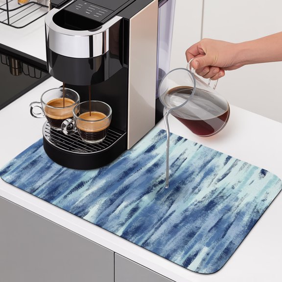 Blue Navy Nostalgia Pencil Touches Dish Drying Mats for Kitchen Counter, Gradient Lines Overlay Absorbent Coffee Bar Mat with Non-slip Rubber Backed Quick Drying Dish Rack Pad 12"x16"