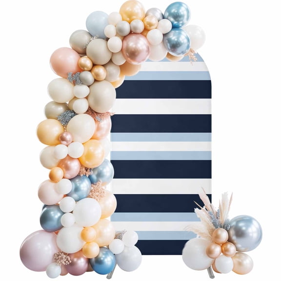 Blue Navy Striped Arch Backdrop Cover 7.2Ft, Wedding Arch Covers Stretchy Backdrop, Modern Ombre Abstract Lines Pattern Fitted 2 Sided Arched Photo Background for Birthday Party Decorations