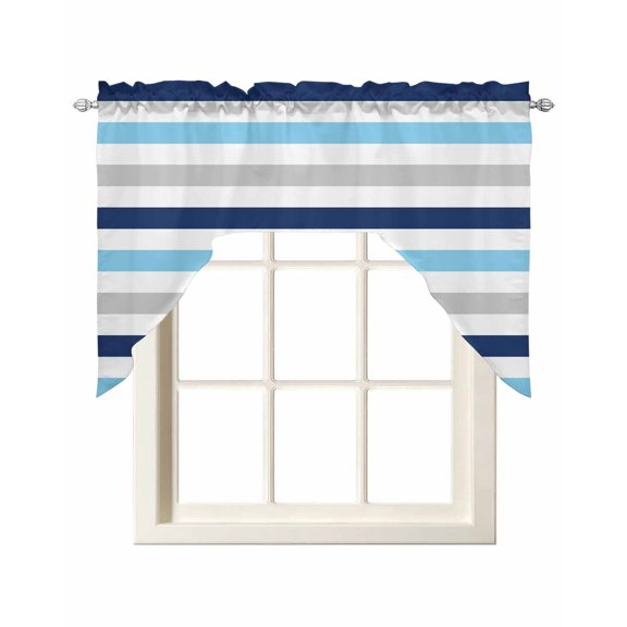 Blue Navy Striped Kitchen Swag Valances for Windows, Simple Abstract Greyish Lines Art Swag Valances Curtains for Living Room, Rod Pocket Window Treatments for Bathroom, Bedroom, Cafe, 56"x36"