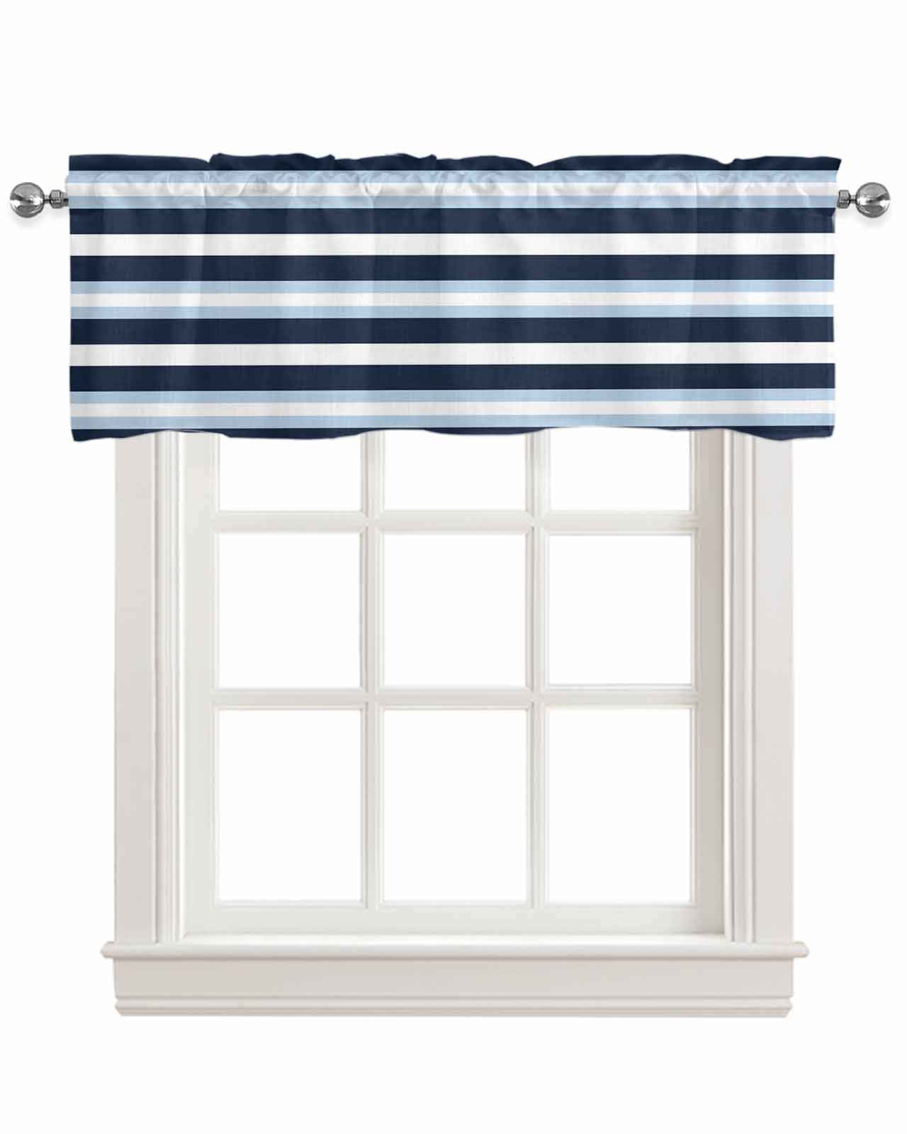 Blue Navy Striped Kitchen Valances for Windows Farmhouse Linen Window Valance Curtain for Living Room Window Treatment Modern Ombre Abstract Lines Pattern Valance Rod Pocket Topper, 60 x 18 Inch