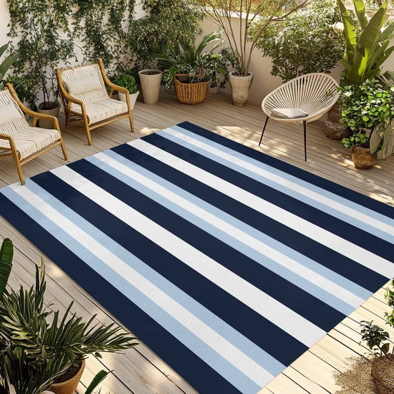 Blue Navy Striped Outdoor Rug 5x8 Ft - Reversible Patio Rug Outdoor Camping Rugs, Modern Ombre Abstract Lines Pattern Washable Indoor Outdoor Area Rugs, Non-Slip Outdoor Carpet Runner for Deck/Porch