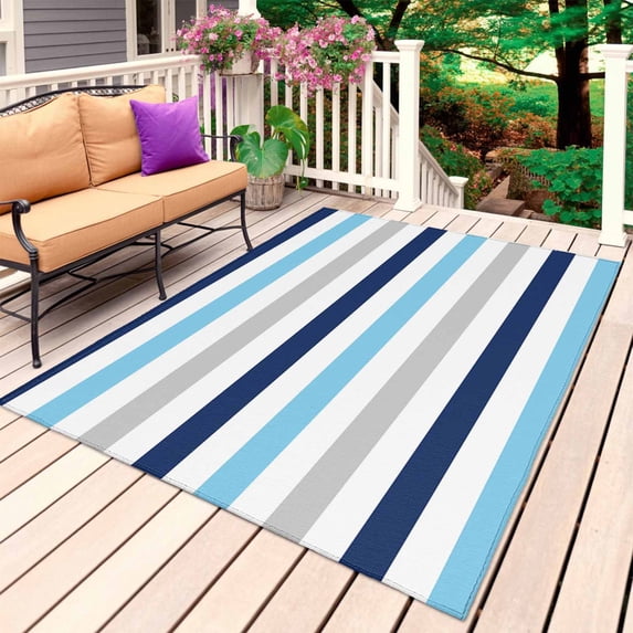 Blue Navy Striped Outdoor Rug for Patio/Deck/Porch, Non-Slip Large Area Rug 3 x 5 Ft, Simple Abstract Greyish Lines Art Indoor Outdoor Rugs Washable Area Rugs, Reversible Camping Rug Carpet Runner