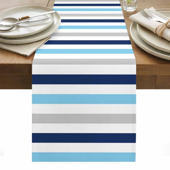 Blue Grey Striped Table Runner - 90 Inch Long, Kitchen Dining Table Runner Dresser Scarves, Farmhouse Stripes Simple Art Farmhouse Decor for Coffee Tables Wedding Party Banquet