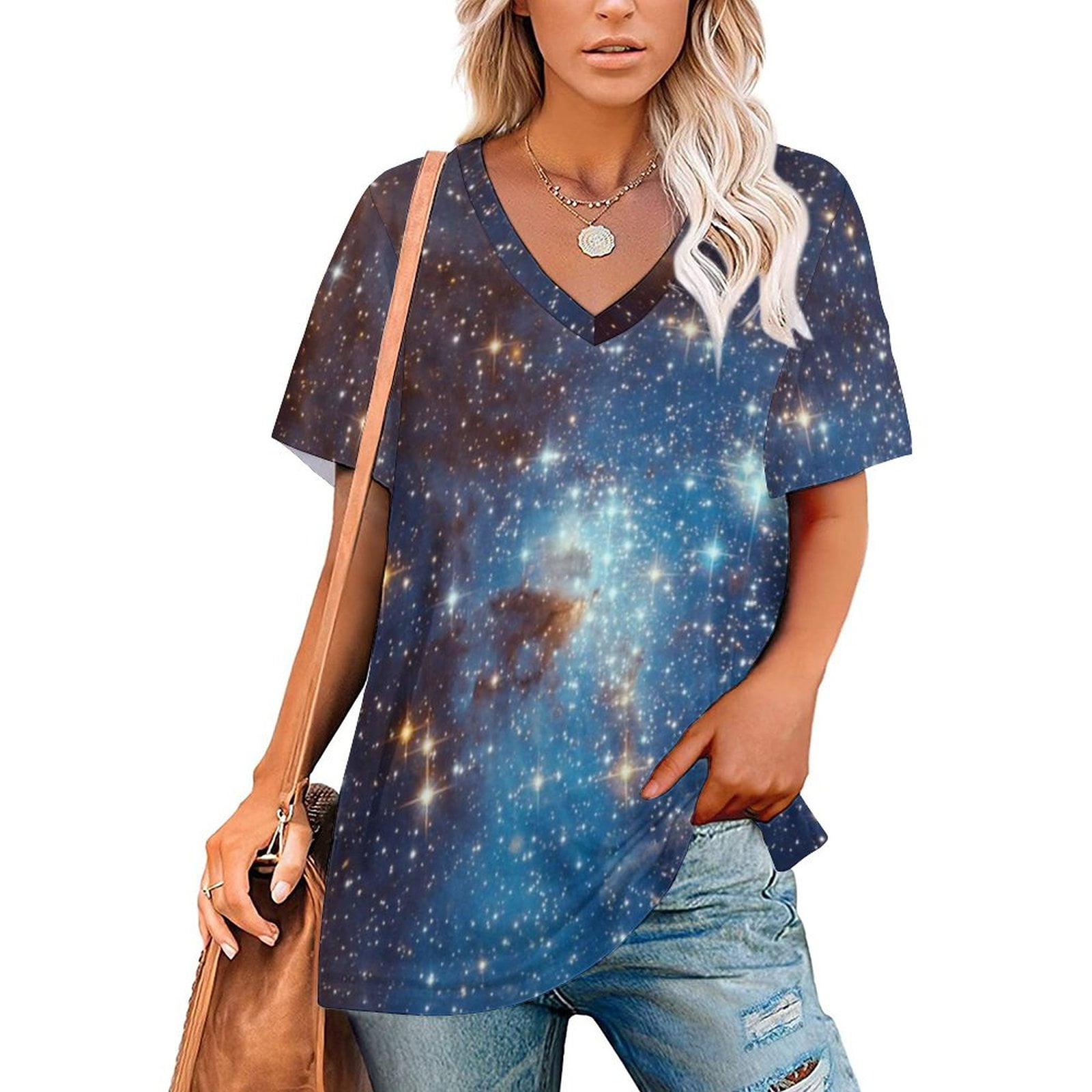 Blue Nebula Stars Space 2442 Women Print T Shirt Casual Off Shoulder ...