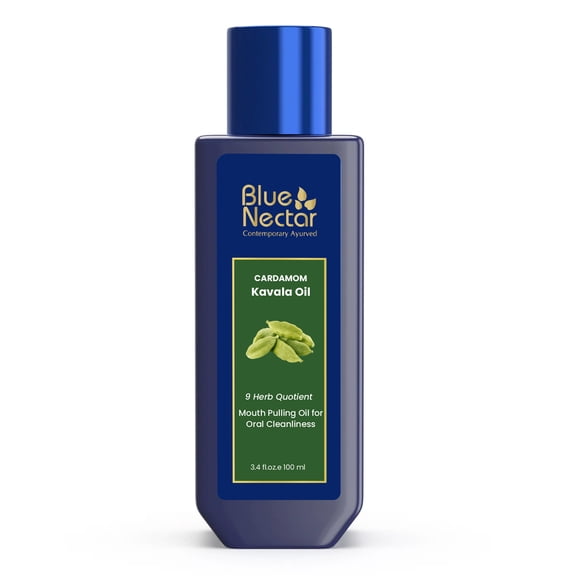 Blue Nectar Cardamom Mint Oil Pulling for Mouth | Ayurvedic Mouth Freshener & Mouthwash | Natural Pulling Oil for Cool Fresh Breath & Daily Oral Care (9 Herbs, 3.38 Fl Oz)
