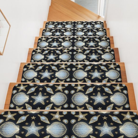 Blue Neon Coastal Stair Treads Non Slip for Steps Seashell Starfish Summer Ocean 15 Pcs Reusable Adhesive Stair Runner Mats for Dogs Elders Carpet Treads Rugs for Staircase 8x30 In