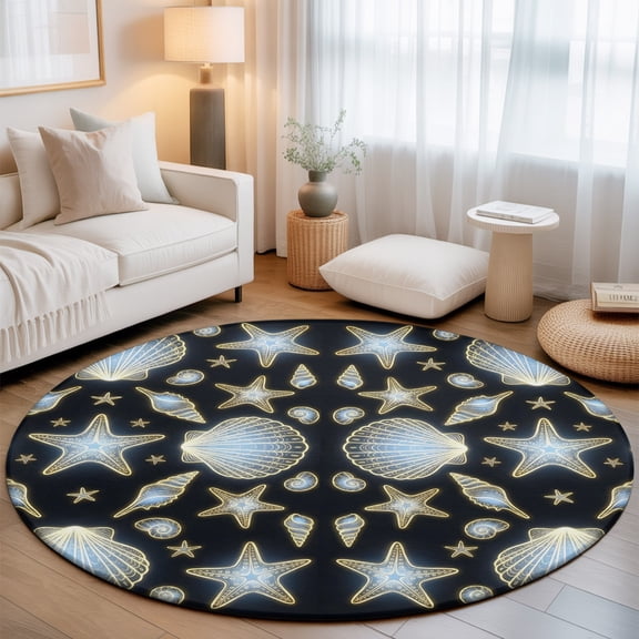 Blue Neon Coastal Washable Round Area Rug 3 ft, Seashell Starfish Summer Ocean, Soft Non Slip Rugs Stain Repellent Indoor Felt Carpet for Living Dining Room Bedroom Home Office