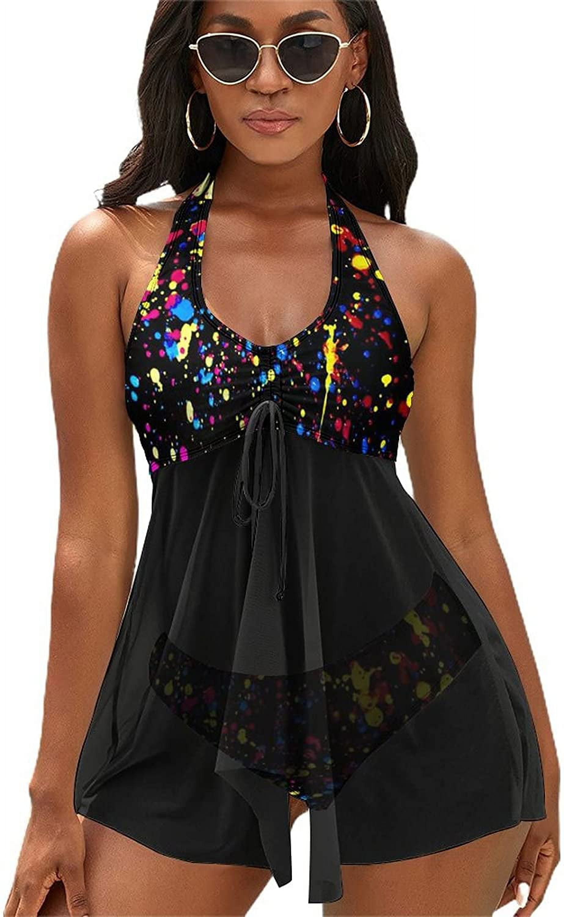 Blue Neon Paint Splatter Women Two Piece Bikini Sets with Cover Up